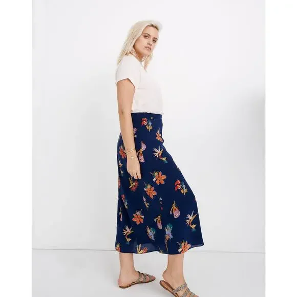 Madewell Atrium Silk Skirt Bird of Paradise Floral Navy Women's 10 Resort Euro - Picture 12 of 16